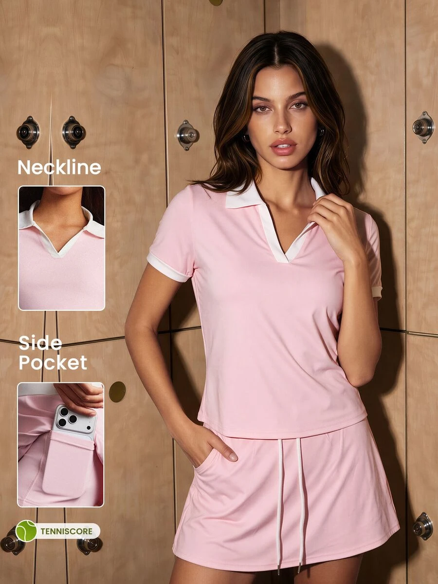 CourtClass Women's Colorblock Short Sleeve Top And Skort Casual Athleisure Daily Sports Set Workout Tennis Pink And White Summer - Multicolor - View 1