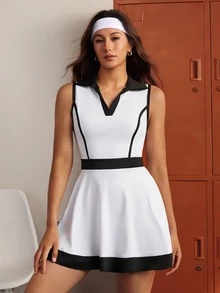 CourtClass Women's Colorblock Lapel Sleeveless Sports Dress With Shorts - Black and White - View 4