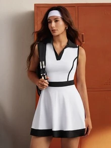 CourtClass Women's Colorblock Lapel Sleeveless Sports Dress With Shorts - Black and White - View 8
