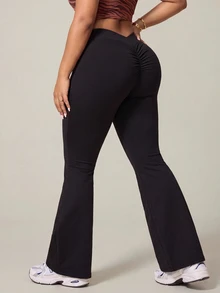 SHEIN Rhythm Era Plus Size Women Solid Color Minimalist Butt-Lifting Flare Leggings Sport Gym Black Summer - Black - View 8