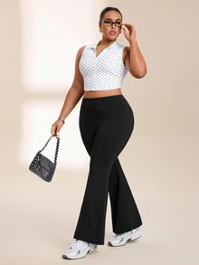 SHEIN Rhythm Era Plus Size Women Solid Color Minimalist Butt-Lifting Flare Leggings Sport Gym Black Summer - Black - View 7