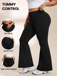 SHEIN Rhythm Era Plus Size Women Solid Color Minimalist Butt-Lifting Flare Leggings Sport Gym Black Summer - Black - View 1