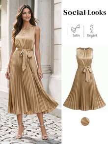 SHEIN Clasi Women Solid Color Round Neck Sleeveless Midi Dress - Apricot - View 1