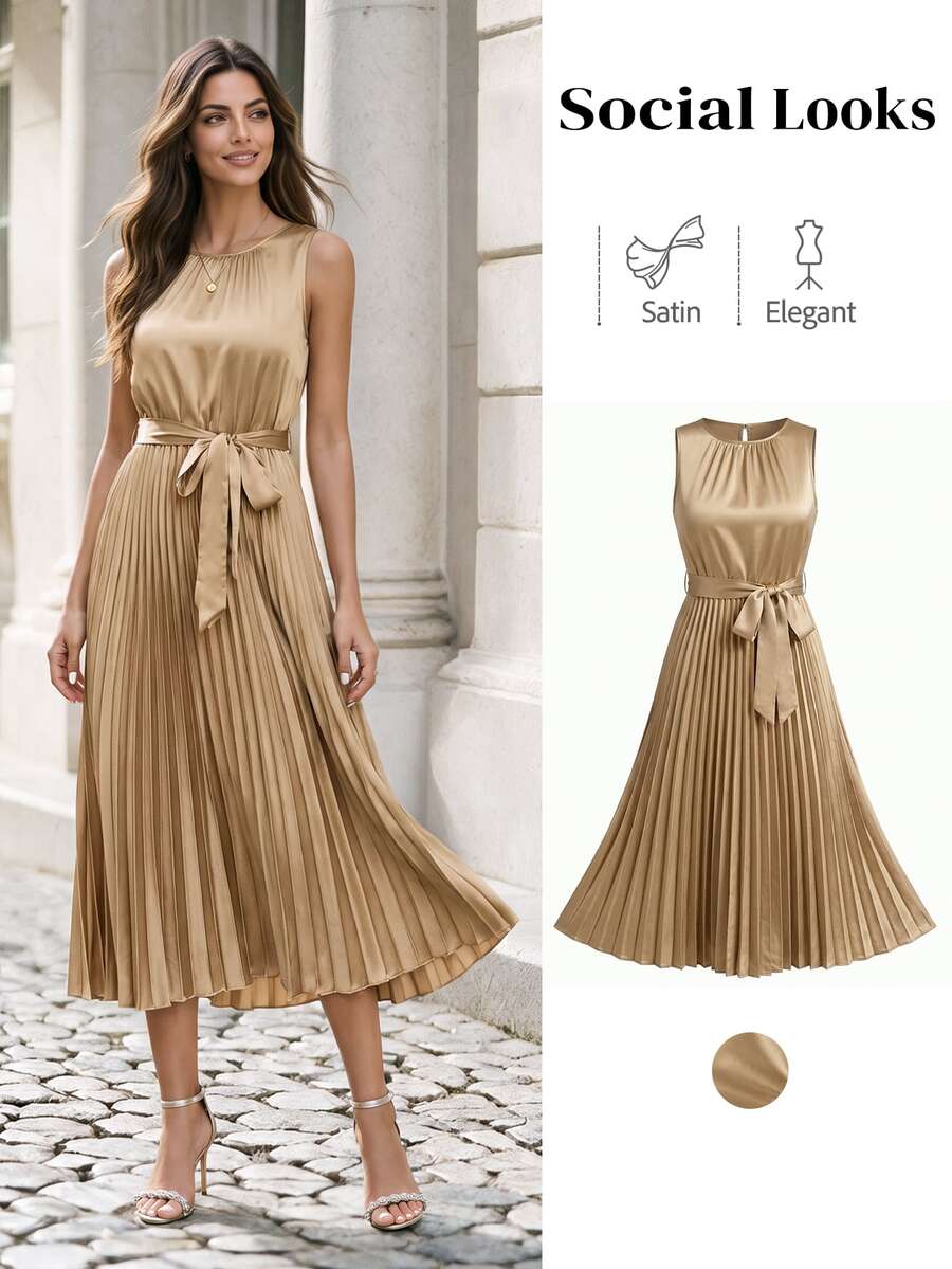 SHEIN Clasi Women Solid Color Round Neck Sleeveless Midi Dress - Apricot - View 1