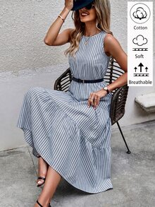 Louniche 女款夏季休閒海濱風熱帶條紋印花無袖A字棉混紡洋裝，度假海灘穿搭，藍白長條紋 - 彩色 - 查看 4