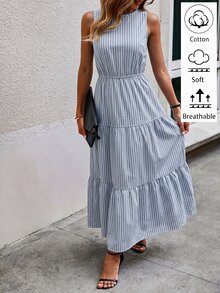 Louniche 女款夏季休閒海濱風熱帶條紋印花無袖A字棉混紡洋裝，度假海灘穿搭，藍白長條紋 - 彩色 - 查看 7