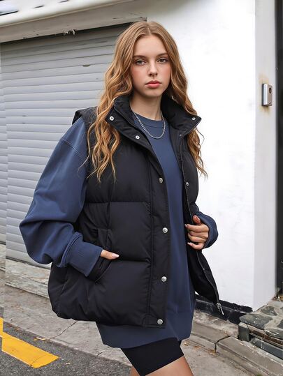 SHEIN Teen Girls Black Stand Collar Mid-Length Vest, Sleeveless Loose Silhouette, Front Zipper With Button Placket Design, Horizontal Quilted Structure, Casual Everyday Layering Outerwear Vest
