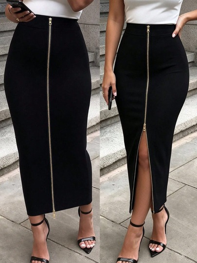 SHEIN Raffinéa European & American New Fashion Decorative Zipper Waist Design Elegant Zipper Slit Women's Skirt, Spring/Summer Skirt, Autumn/Winter, Vacation, Outing, Y2K, Back To School, Casual, Beach, Business, Versatile, Sexy, Black