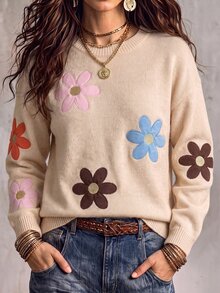 Balvessa 秋冬新款休閒優雅杏色花卉刺繡寬鬆版型日常通勤圓領長袖女款時尚針織套頭毛衣 - 杏色 - 查看 1