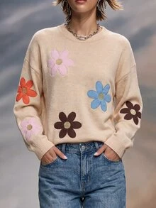 Balvessa 秋冬新款休閒優雅杏色花卉刺繡寬鬆版型日常通勤圓領長袖女款時尚針織套頭毛衣 - 杏色 - 查看 8