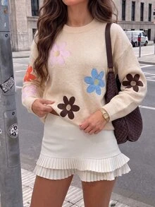 Balvessa 秋冬新款休閒優雅杏色花卉刺繡寬鬆版型日常通勤圓領長袖女款時尚針織套頭毛衣 - 杏色 - 查看 6