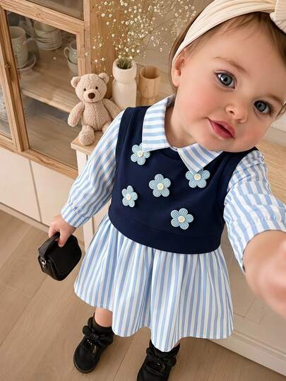 SHEIN 2pcs Toddler Girl Striped Dress Vest Set Sweet Baby Blue Navy 3D Floral Applique Long Sleeve Lapel Collar Birthday Party Fall Autumn Princess Clothing