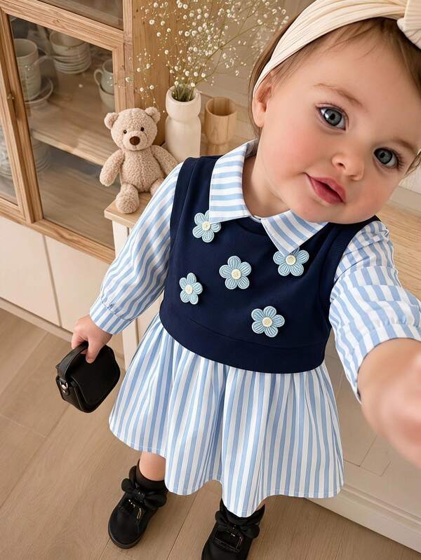 SHEIN 2pcs Toddler Girl Striped Dress Vest Set Sweet Baby Blue Navy 3D Floral Applique Long Sleeve Lapel Collar Birthday Party Fall Autumn Princess Clothing