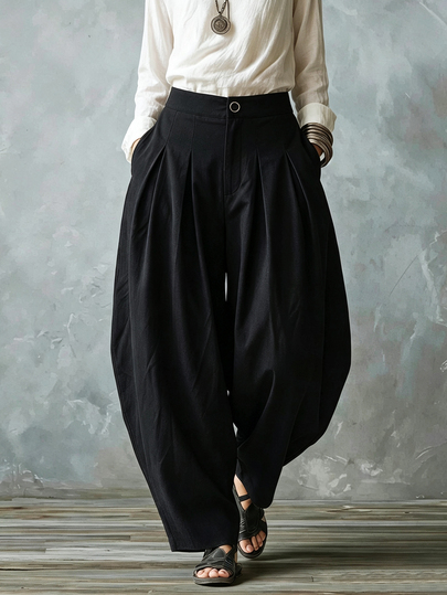 LUMIGAL High Waist Relaxed Fit Double Button Pleated Balloon Pants Bali Holiday Vacation Black Autumn Casual
