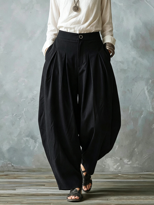 LUMIGAL High Waist Relaxed Fit Double Button Pleated Balloon Pants Bali Holiday Vacation Black Autumn Casual