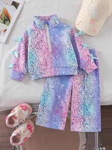 SHEIN 2件組幼女運動衫長褲套裝，可愛甜美藍紫色豹紋蝴蝶結亮片長袖四分之一拉鍊，正裝版生日冬季獨角獸嬰兒藍 - 彩色 - 查看 4