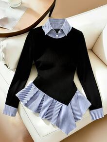 GlowEve Women's Patchwork Striped 2 In 1 Long Sleeve Asymmetrical Hem Shirt - Black - View 3