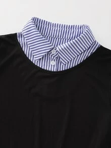 GlowEve Women's Patchwork Striped 2 In 1 Long Sleeve Asymmetrical Hem Shirt - Black - View 7