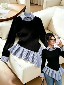 GlowEve Women's Patchwork Striped 2 In 1 Long Sleeve Asymmetrical Hem Shirt - Black - View 1
