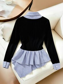 GlowEve Women's Patchwork Striped 2 In 1 Long Sleeve Asymmetrical Hem Shirt - Black - View 2
