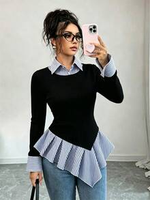 GlowEve Women's Patchwork Striped 2 In 1 Long Sleeve Asymmetrical Hem Shirt - Black - View 8