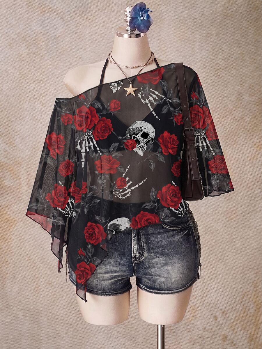 SHEIN ICON 萬聖節骷髏玫瑰印花大尺碼女款網紗上衣 - 彩色 - 查看 1