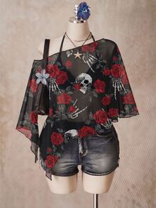 SHEIN ICON 萬聖節骷髏玫瑰印花大尺碼女款網紗上衣 - 彩色 - 查看 4