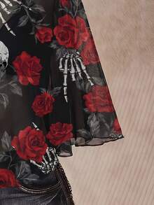 SHEIN ICON 萬聖節骷髏玫瑰印花大尺碼女款網紗上衣 - 彩色 - 查看 3