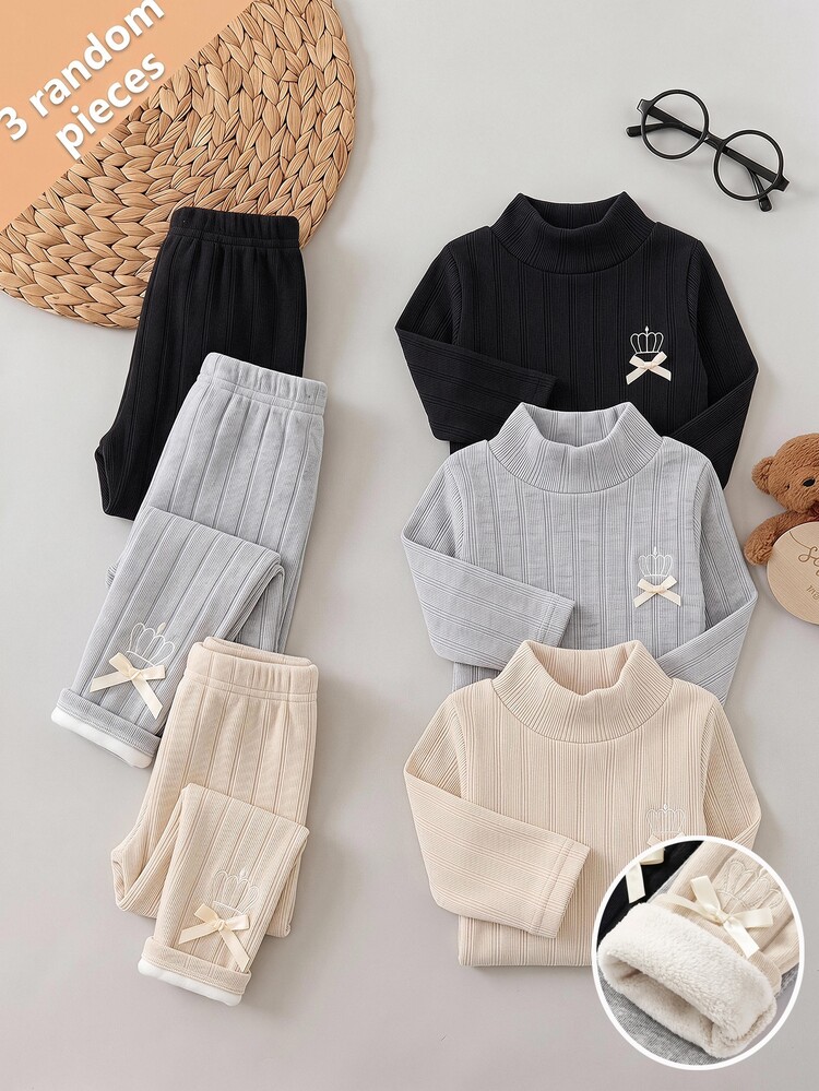 SHEIN Baby Girl Autumn/Winter Cute Versatile Solid Color Thermal Lined Elastic Waist Skinny Leggings 3pcs Set - Multicolor - View 1