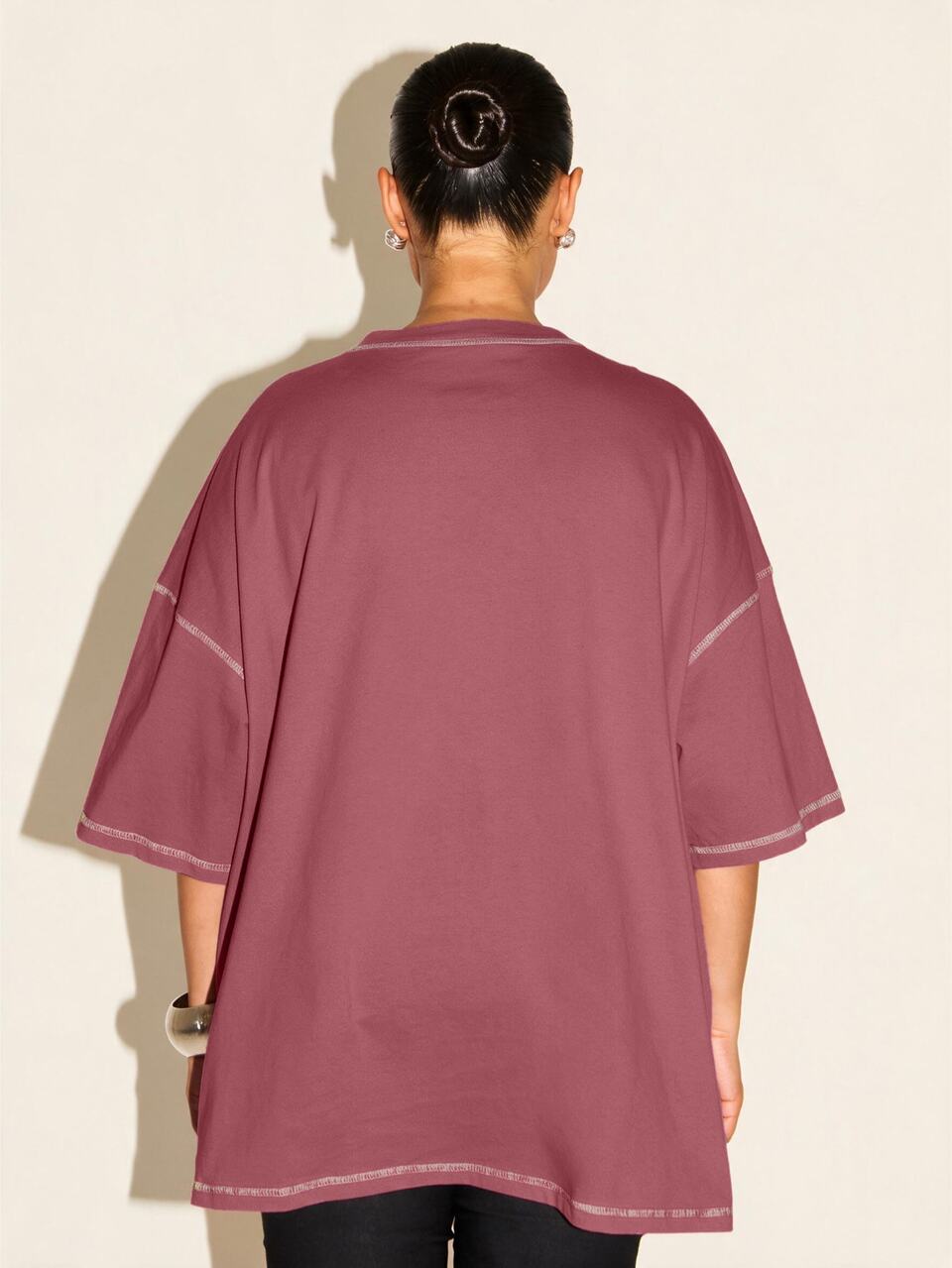 Plus Size 100% Cotton Plus Size Contrast Stitch Detail T-Shirt Fall Autumn Winter New Season Trending Casual Comfy Loose Fit Curve Short Sleeved Top Cool Everyday Airport Travel Essentials Wardrobe Staple Y2k Basics Minimal Black Tee Back To School College Campus University Burgundy Tee