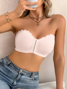 SHEIN 女款前扣式波浪邊聚攏胸罩，附可拆式內墊 - 粉色 - 查看 3