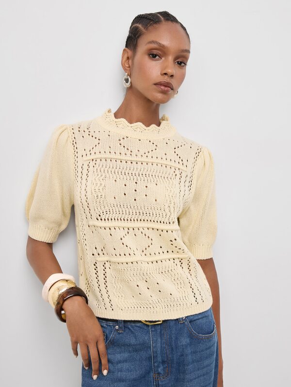 Maija Pale Yellow Women's Knitted Sweater With Ruffle Collar, Princess Sleeves, Fitted, Minimalist Elegant Urban Casual Brunch Date Summer