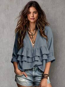 Glimmora Blus Ruffle Lengan 3/4 Elegan untuk Wanita - Dusty Blue - View 2