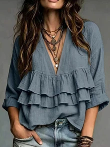 Glimmora Blus Ruffle Lengan 3/4 Elegan untuk Wanita - Dusty Blue - View 1
