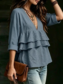 Glimmora Blus Ruffle Lengan 3/4 Elegan untuk Wanita - Dusty Blue - View 6