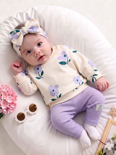 SHEIN 2pcs Baby Girls Autumn Cute Holiday Purple Floral Outfit Long Sleeve Snap Shoulder Round Neck Top Casual Cute Kawaii Loose Pants Retro Chic Set