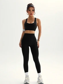 Rhythm Era Plus Size Women Criss-Cross Back Sports Bra And Pants Set - Black - View 4