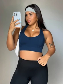 SHEIN Rhythm Era Plus Size Seamless Hollow See-Through Backless Sports Bra For Women Seamless Workout Top - Navy Blue - View 4