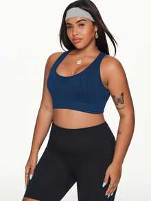 SHEIN Rhythm Era Plus Size Seamless Hollow See-Through Backless Sports Bra For Women Seamless Workout Top - Navy Blue - View 3