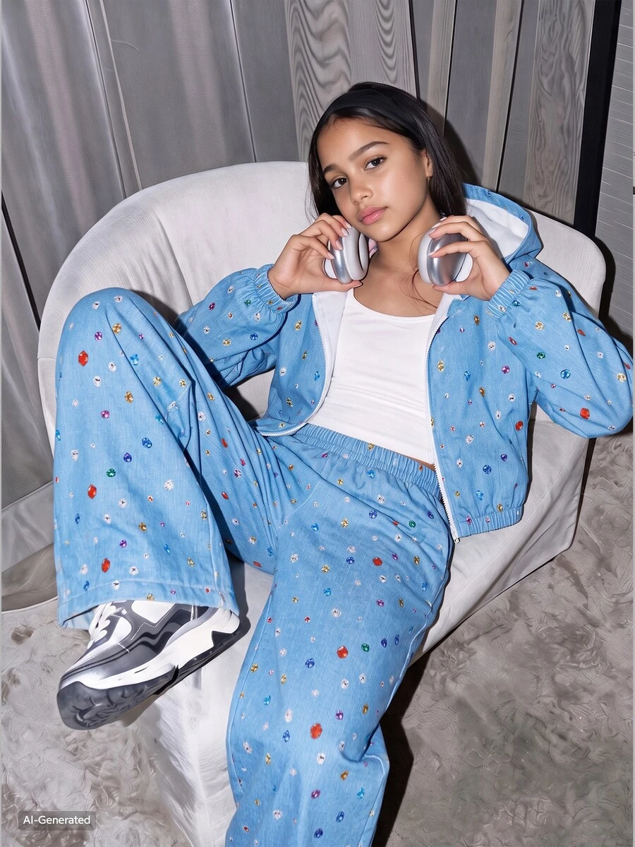 SHEIN 女童休閒舒適戶外連帽長袖拉鍊外套搭配背心上衣與鬆緊腰直筒長褲 數位印花 3件套 F - 藍色 - 查看 1