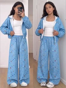 SHEIN 女童休閒舒適戶外連帽長袖拉鍊外套搭配背心上衣與鬆緊腰直筒長褲 數位印花 3件套 F - 藍色 - 查看 8