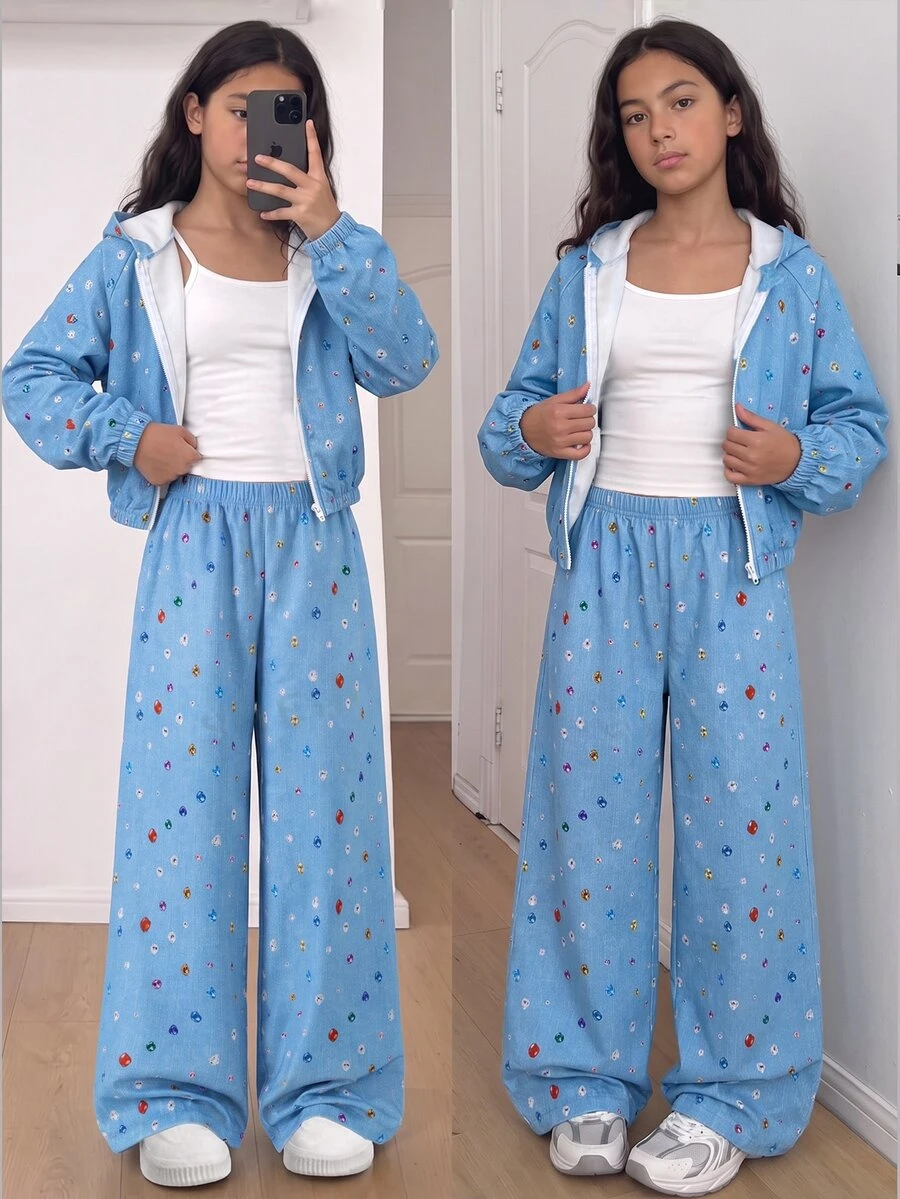 SHEIN 女童秋季風格 3 件組藍色印花套裝，連帽拉鍊夾克、細肩帶背心、寬褲，適合學校運動 - 藍色 - 查看 1