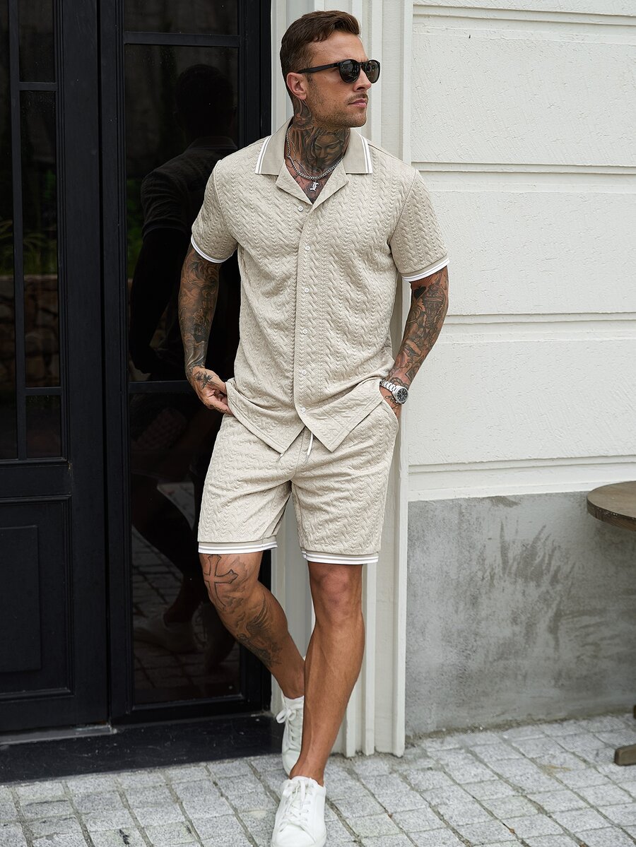 Manfinity CasualCool Men's Striped Short Sleeve Single-Breasted Shirt And Drawstring Waist Shorts Casual Set - Khaki - View 1