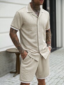 Manfinity CasualCool 男士條紋短袖單排扣襯衫與抽繩腰短褲休閒套裝 - 卡其色 - 查看 3
