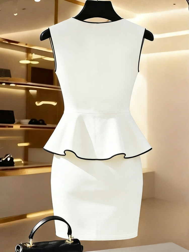 Franclia Women's Elegant Summer 2-Piece Set,White And Black V-Neck Sleeveless Button Peplum Top And Fitted Mini Skirt,Office Work Classy Dress - White - View 3