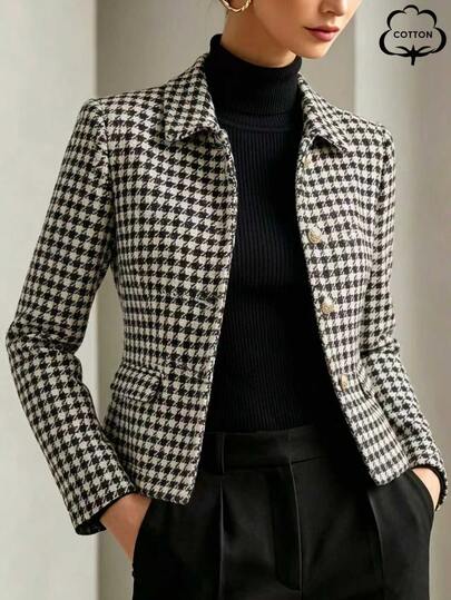 RosyDaze Women's New Autumn/Winter Houndstooth Vintage Jacket, Black And White Houndstooth Cotton Blend Outerwear