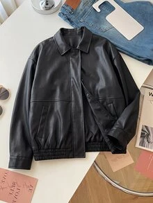 Tween Girls Long Sleeve Autumn Fashion Versatile Black Zip Up Jacket, Winter, Casual, Solid, Back To School, For Girls, Outfit - Black - View 1