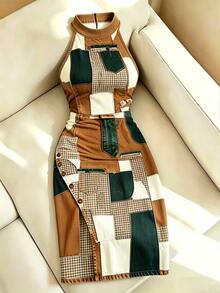 Resyla New Simulation Print Regular Women's Halter Neck Dress - Brown - View 3
