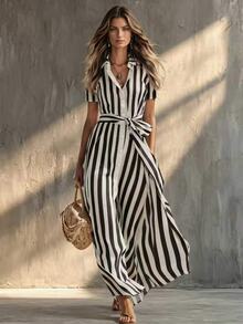 Glimmora Striped High Waist Drawstring Shirt Dress Women's Dress - Black and White - View 1