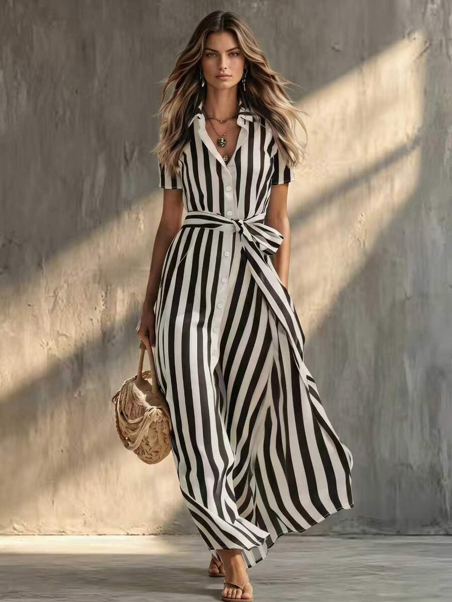 Glimmora Striped High Waist Drawstring Shirt Dress Women's Dress - Black and White - View 1